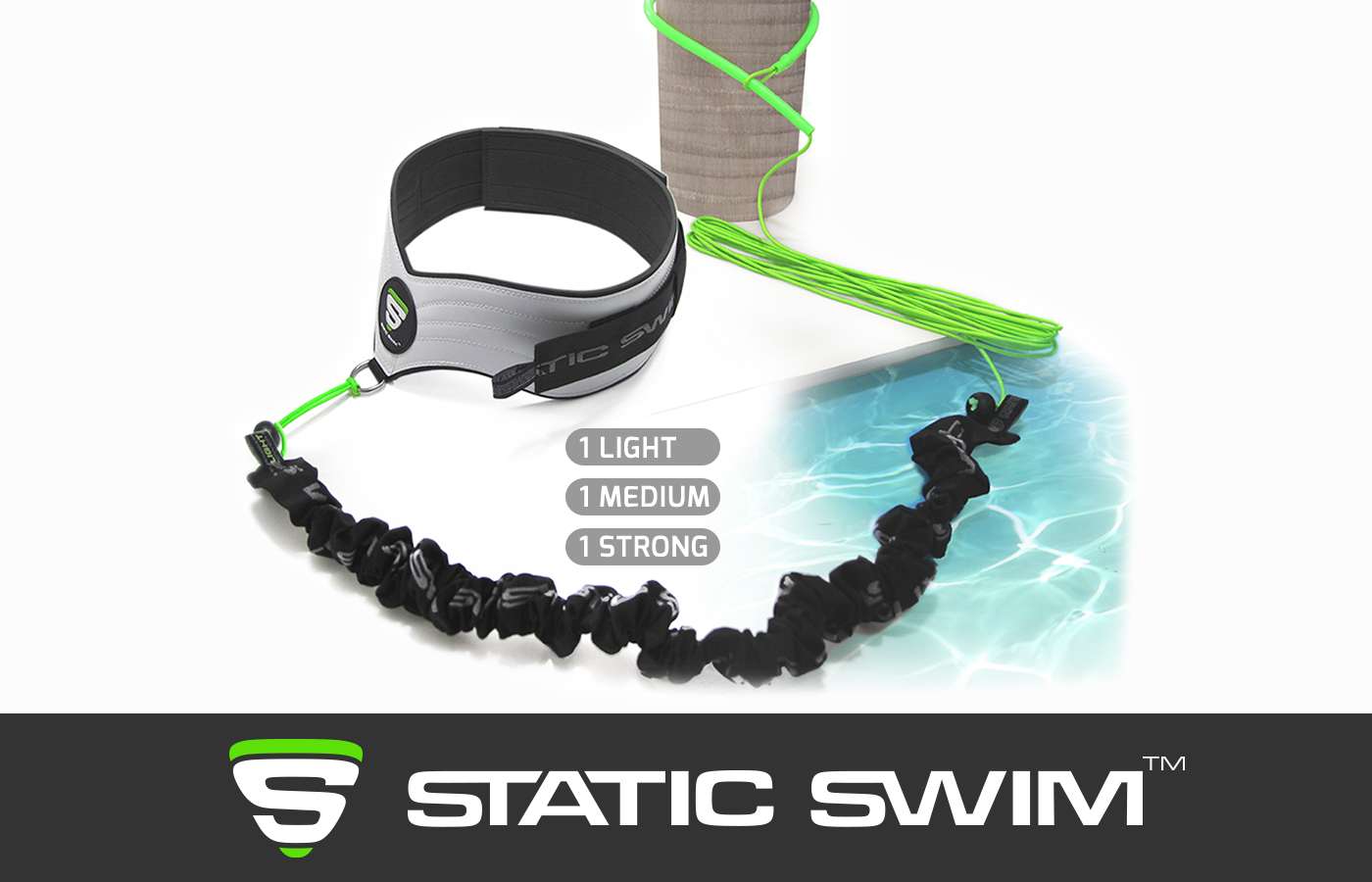 STATIC SWIM™'s swimming harness and resistance band with Lasso/Extension device