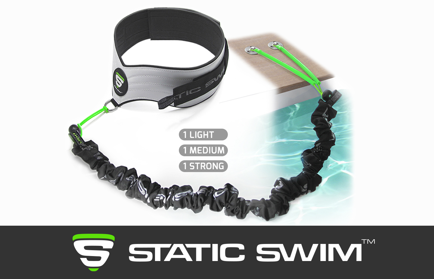 STATIC SWIM™'s swimming harness and resistance band with Wooden Pool Decks attachment