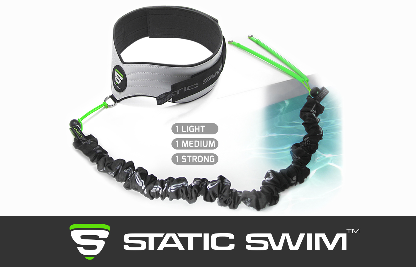 STATIC SWIM™'s swimming harness and resistance band with Solid Pool Decks attachment